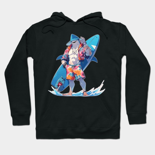 Anime Surfer Shark Dude Hoodie by DanielLiamGill